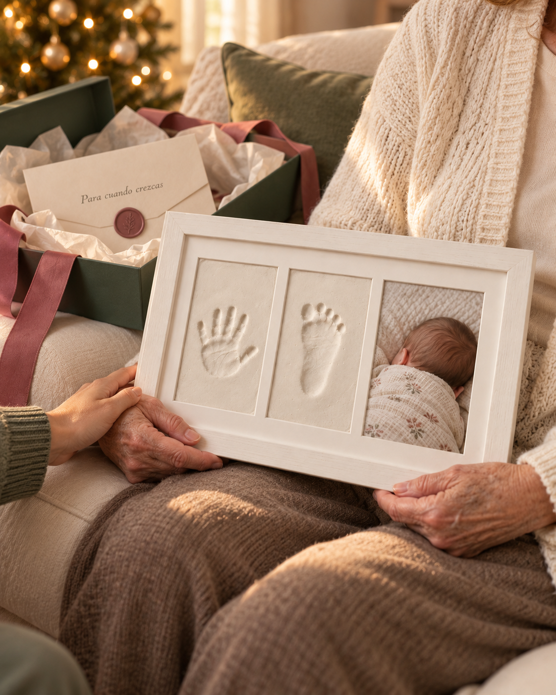 Abuela recibiendo el cuadro con las huellas de su nieto en la caja regalo